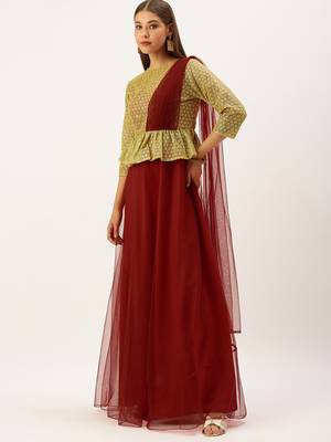 Ethnovogue Ready To Wear Gold N Red Embroidered Net Layered Gown 3