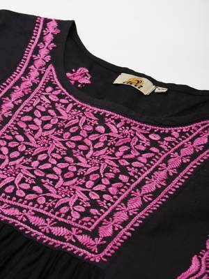 Hand Embroidered Black & Purple Cotton Lucknowi Chikan Women Short Kurti 6
