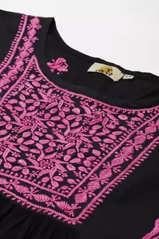 Hand Embroidered Black & Purple Cotton Lucknowi Chikan Women Short Kurti