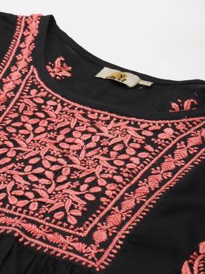 Hand Embroidered Black & Peach Cotton Lucknow Chikankari Women Short Kurti 6