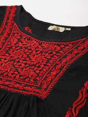 Hand Embroidered Black & Red Cotton Lucknowi Chikan Women Short Kurti 6