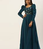Ethnovogue Ready To Wear Teal Blue Georgette Embroidered N Art Silk Gown