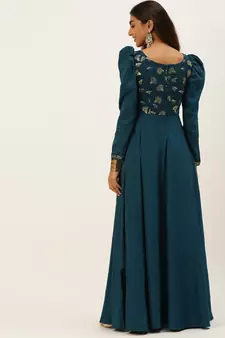 Ethnovogue Ready To Wear Teal Blue Georgette Embroidered N Art Silk Gown