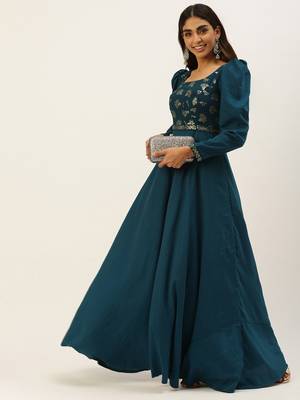 Ethnovogue Ready To Wear Teal Blue Georgette Embroidered N Art Silk Gown 3
