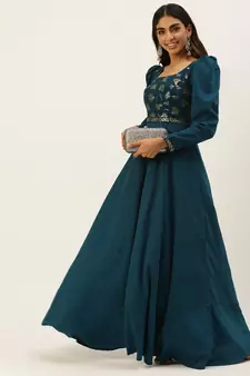 Ethnovogue Ready To Wear Teal Blue Georgette Embroidered N Art Silk Gown