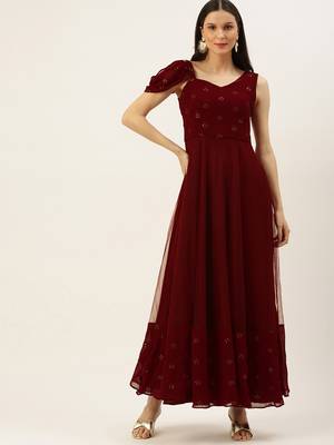 Ethnovogue Ready To Wear Maroon Embroidered One Shoulder Gown 1