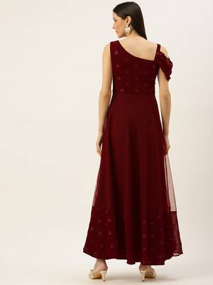 Ethnovogue Ready To Wear Maroon Embroidered One Shoulder Gown 2