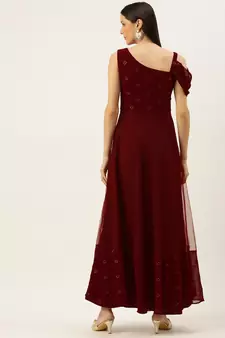 Ethnovogue Ready To Wear Maroon Embroidered One Shoulder Gown