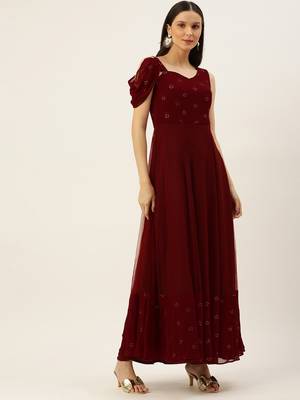 Ethnovogue Ready To Wear Maroon Embroidered One Shoulder Gown 3