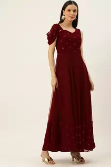 Ethnovogue Ready To Wear Maroon Embroidered One Shoulder Gown