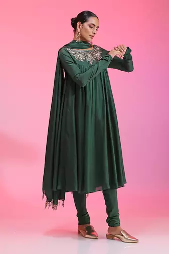 Sequin And Zardozi Green Kalidar Set