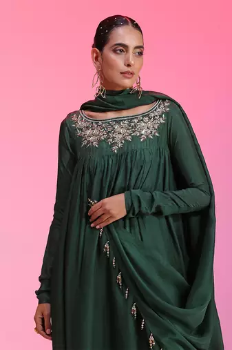 Sequin And Zardozi Green Kalidar Set