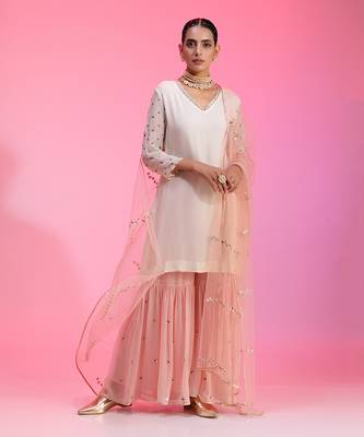 Sequin And Beadwork Ivory And Pink Sharara Set 1