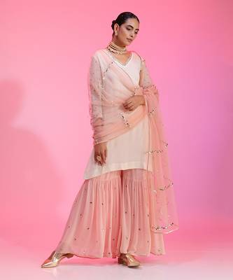 Sequin And Beadwork Ivory And Pink Sharara Set 2