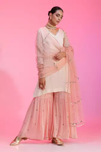 Sequin And Beadwork Ivory And Pink Sharara Set