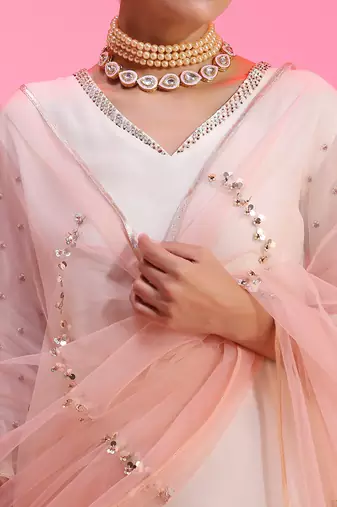 Sequin And Beadwork Ivory And Pink Sharara Set