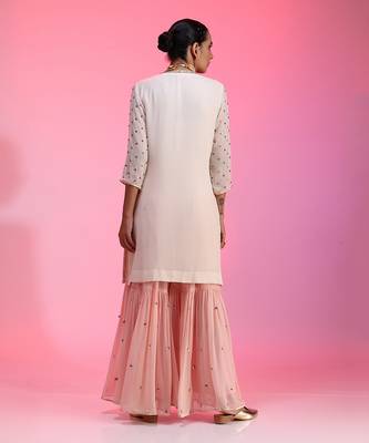 Sequin And Beadwork Ivory And Pink Sharara Set 6