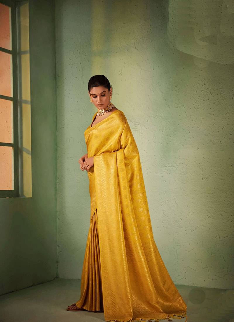 Classic Traditional Kanjivaram Silk Mustard Colour Saree KSM PRINTS