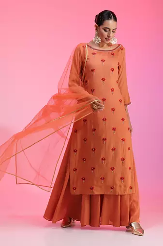 Resham Work Rust Kurta Set
