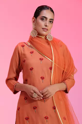 Resham Work Rust Kurta Set