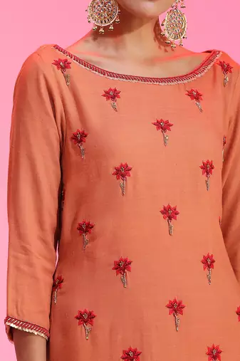 Resham Work Rust Kurta Set
