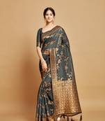 Traditional And Classic Heavy Woven Copper Designer Linen Saree In Grey 