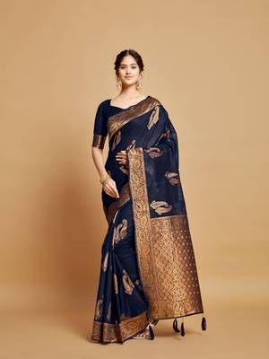 Traditional And Classic Heavy Woven Copper Designer Linen Saree In Blue  1