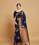 Traditional And Classic Heavy Woven Copper Designer Linen Saree In Blue 