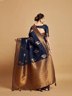 Traditional And Classic Heavy Woven Copper Designer Linen Saree In Blue  2