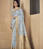 Traditional And Classic Heavy Woven Copper Designer Linen Saree In Sky Blue 