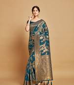 Traditional And Classic Heavy Woven Copper Designer Linen Saree In Teal Blue 