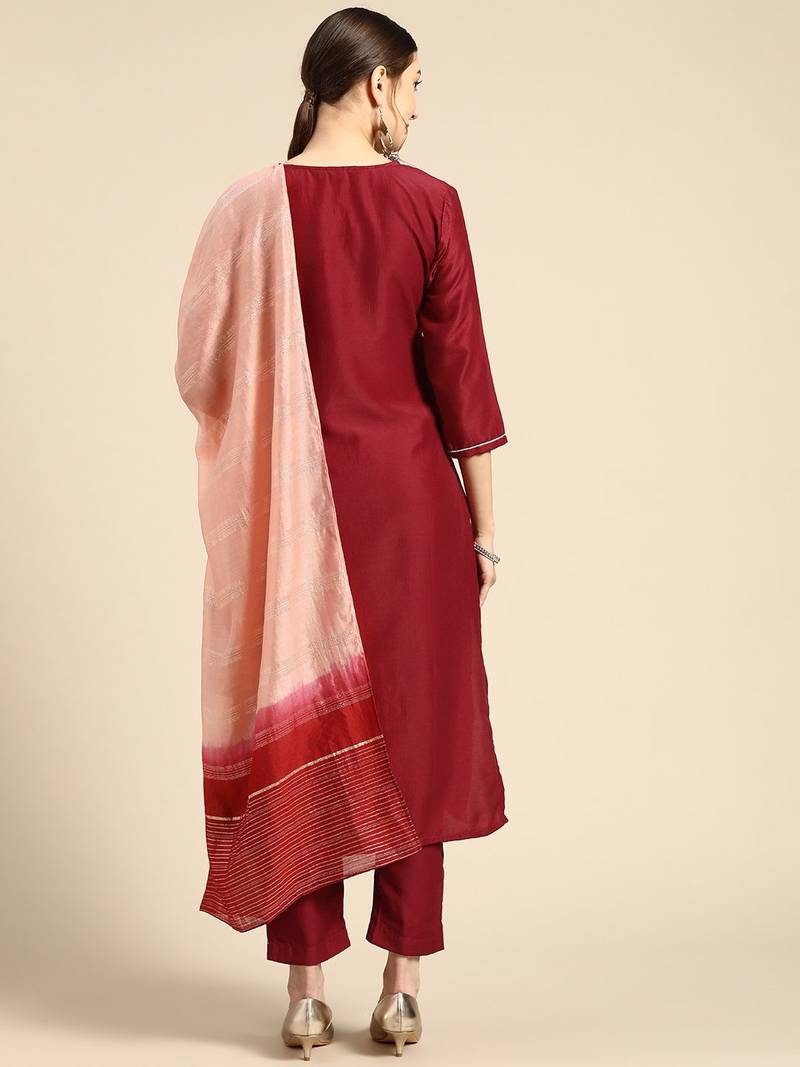 Women Red Rayon Designer Embroidery Work Kurta Set With Dupatta