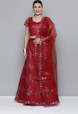 Red sequins net semi stitched lehenga 1