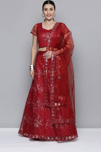 Red sequins net semi stitched lehenga