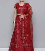 Red sequins net semi stitched lehenga