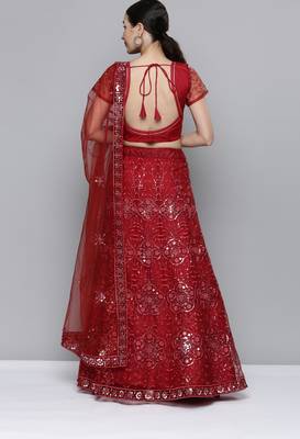 Red sequins net semi stitched lehenga 2