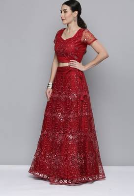 Red sequins net semi stitched lehenga 3