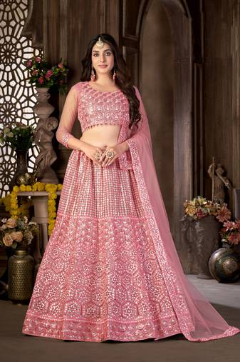 Pink sequins net semi stitched lehenga