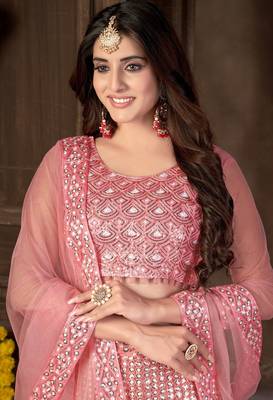 Pink sequins net semi stitched lehenga 3