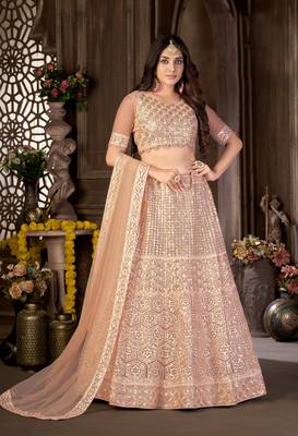 Peach sequins net semi stitched lehenga 1