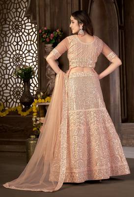 Peach sequins net semi stitched lehenga 2