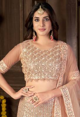 Peach sequins net semi stitched lehenga 3