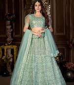 Blue sequins net semi stitched lehenga