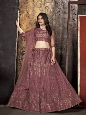 Peach sequins net semi stitched lehenga 1