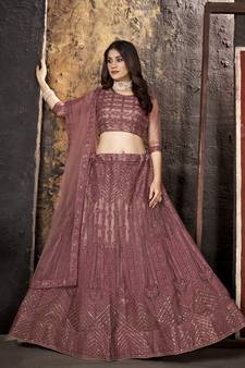 Peach sequins net semi stitched lehenga