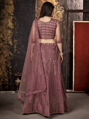 Peach sequins net semi stitched lehenga 2