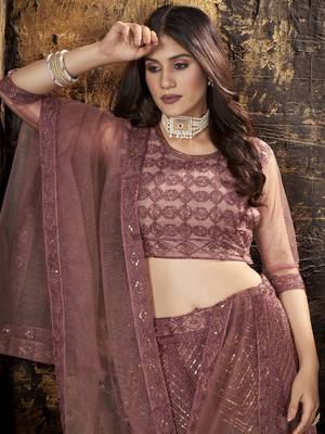 Peach sequins net semi stitched lehenga 3