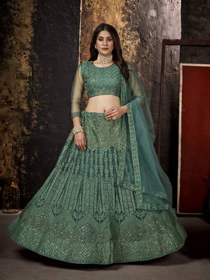 Green sequins net semi stitched lehenga 1