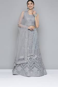 Grey sequins net semi stitched lehenga
