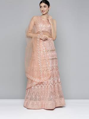 Peach Net Lehenga Choli with Sequins Work 1